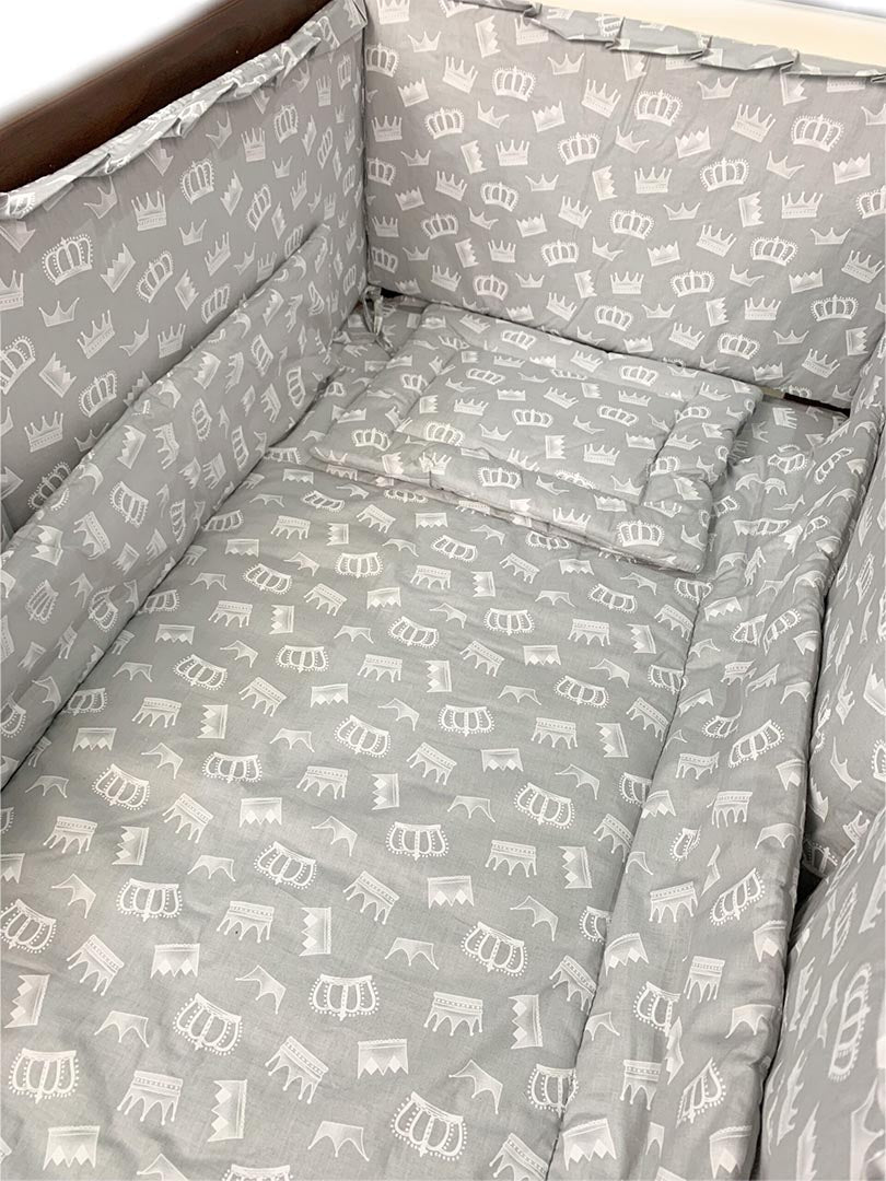 Lenjerie patut 100% bumbac gri cu coroana alba - Botez bebelusi