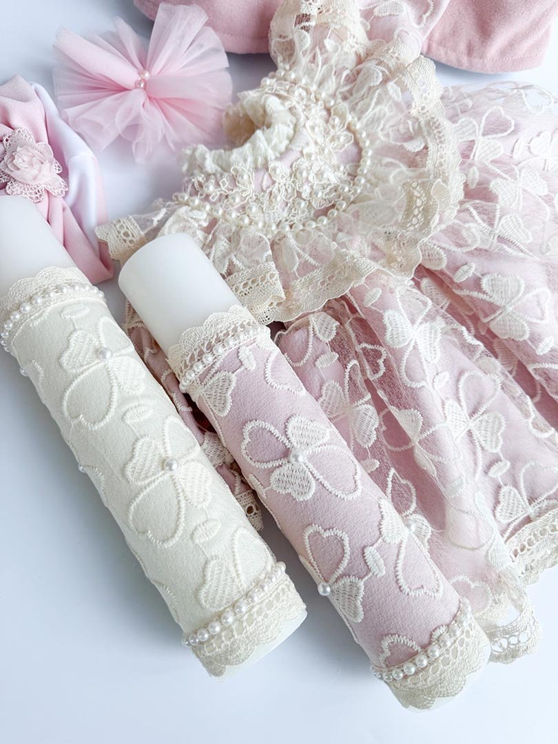 Lumnare botez roz cu dantela - Botez bebelusi