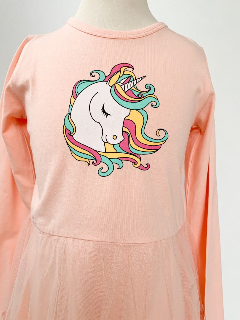 Rochie roz piersica cu unicorn - Botez bebelusi