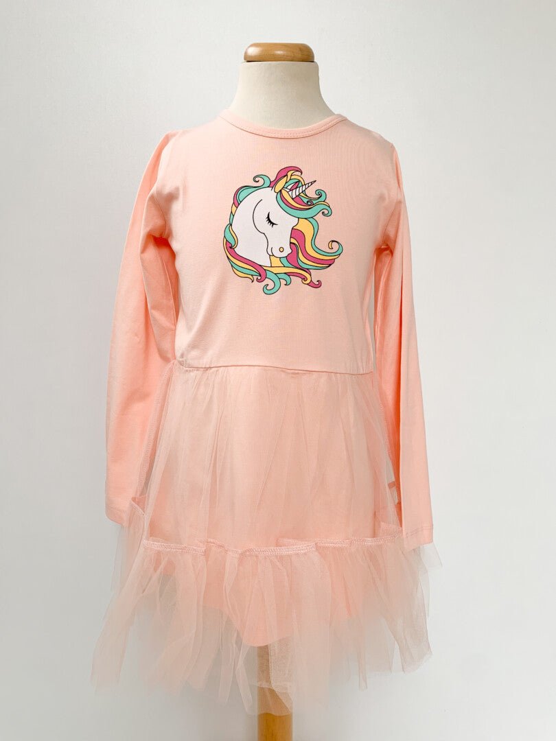 Rochie roz piersica cu unicorn - Botez bebelusi