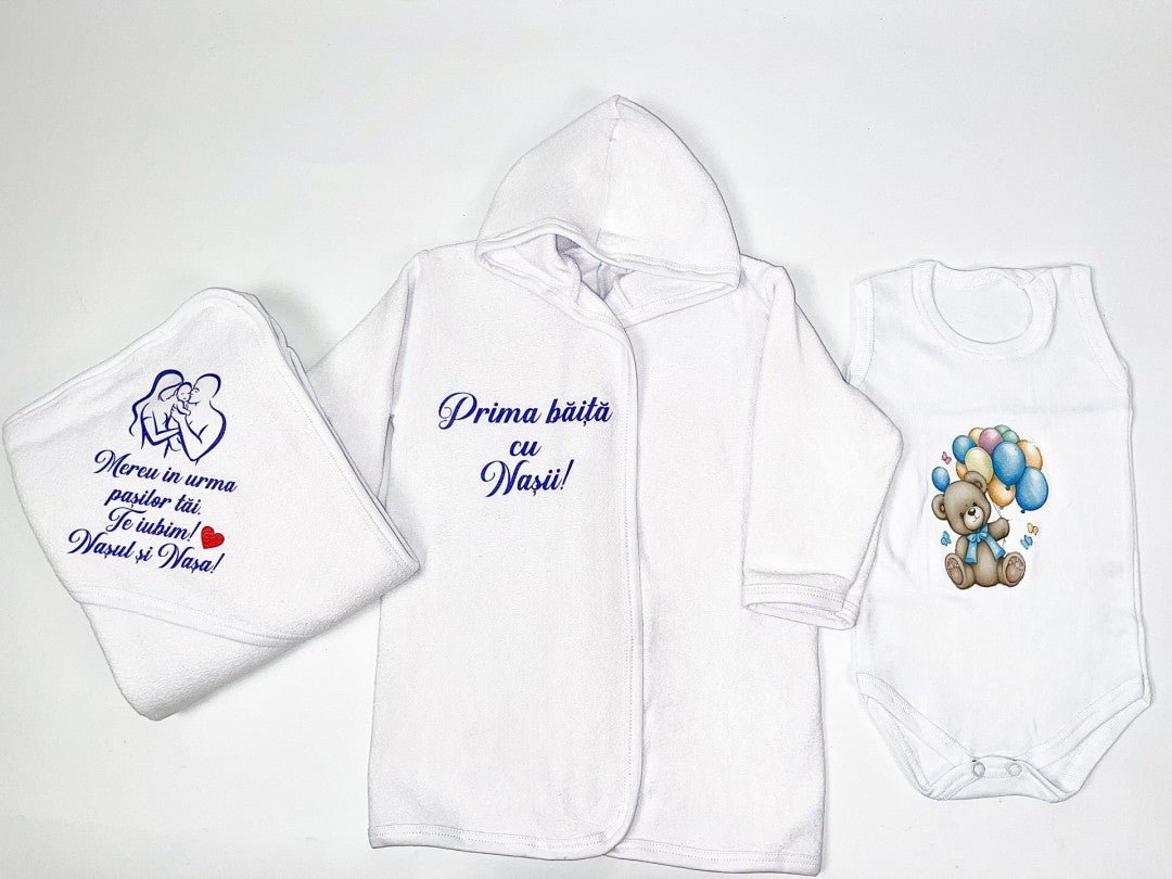 Set baie baiat albastru personalizat ursulet cu baloane - Botez bebelusi