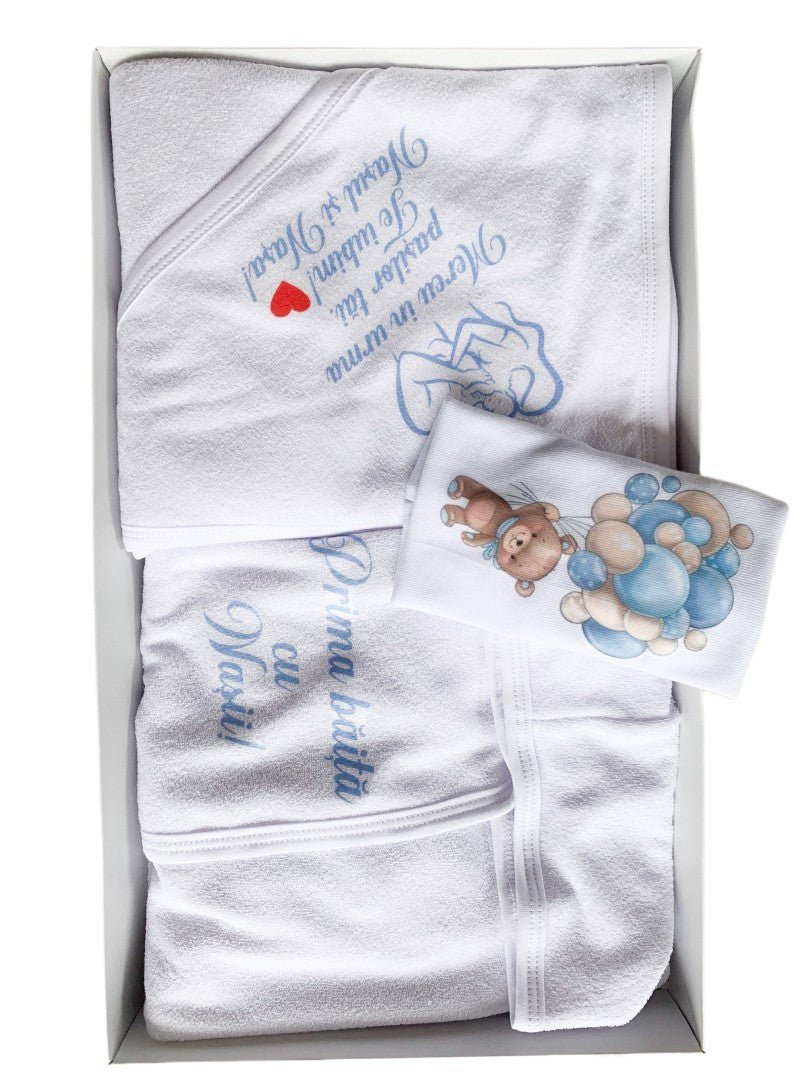 Set baie baiat personalizat cu ursulet - Botez bebelusi