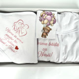 Set baie fetita mov personalizat ursulet cu baloane - Botez bebelusi