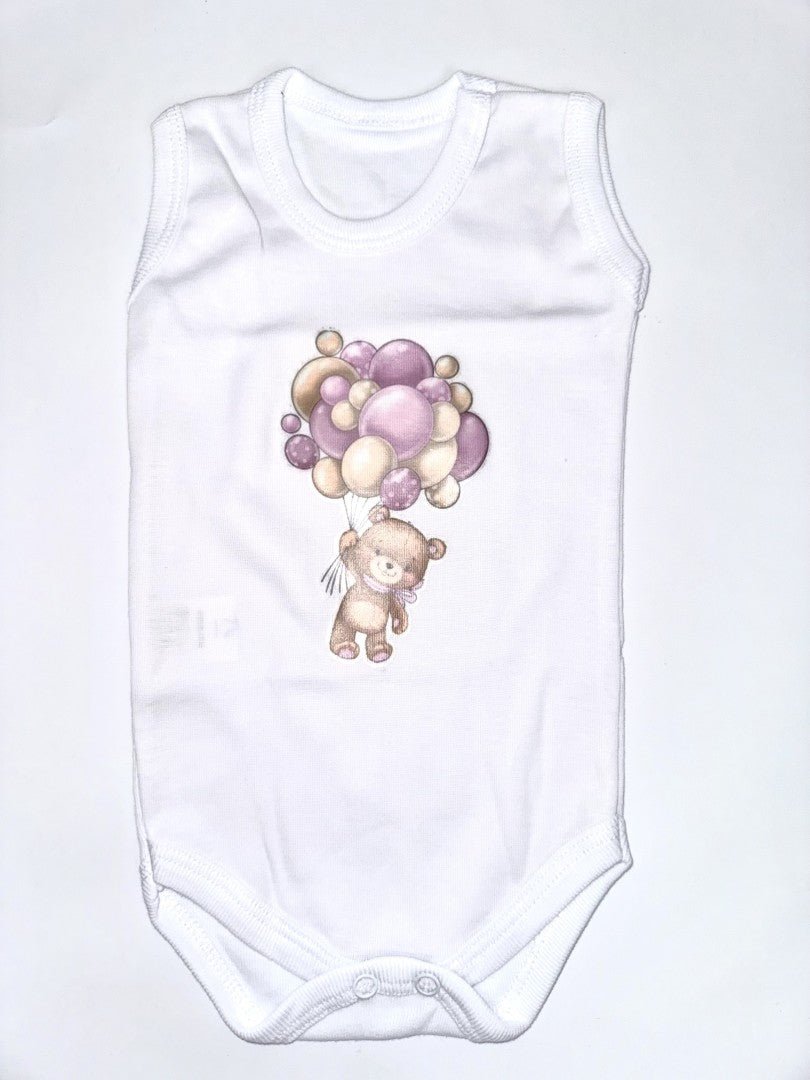 Set baie fetita mov personalizat ursulet cu baloane - Botez bebelusi