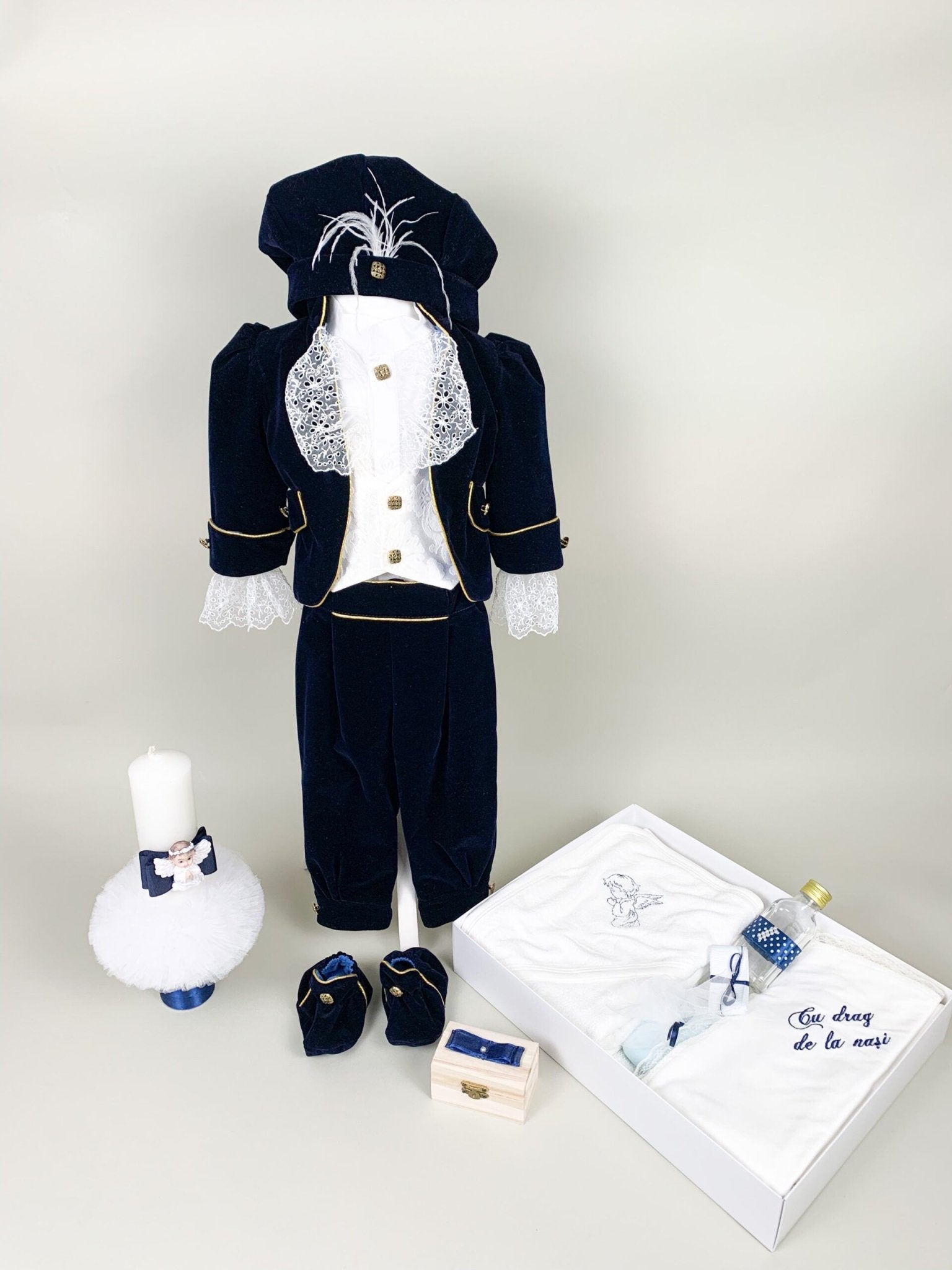 Set botez baiat - print catifea bleomarin - Botez bebelusi