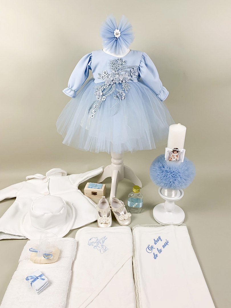 Set botez fete blue Sara(aplicatii flori) - Botez bebelusi