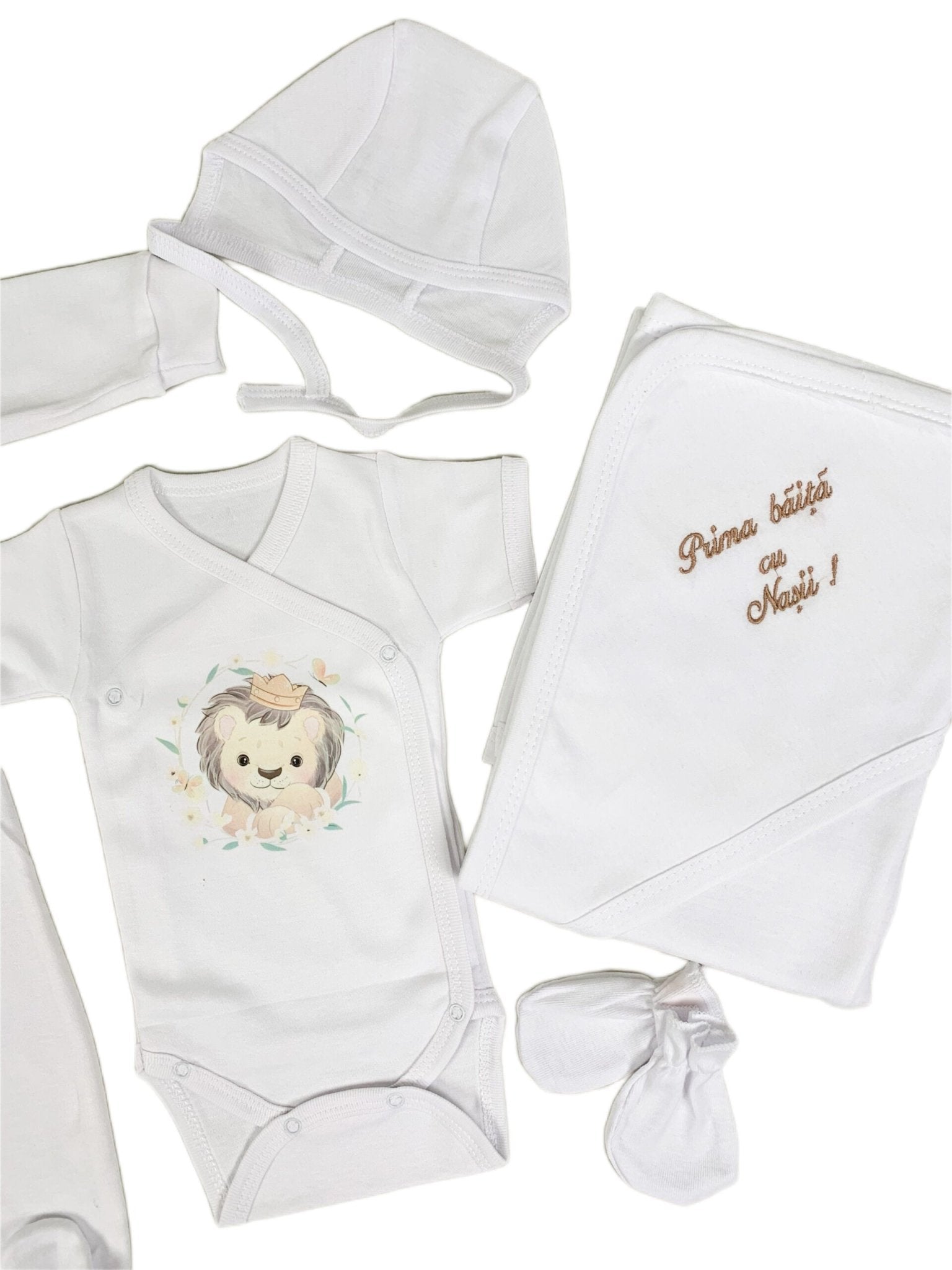 Set de baie pentru bebelusi cu 5 piese, personalizat cu mesaj - “Prima baita cu nașii” - Leu - Botez bebelusi