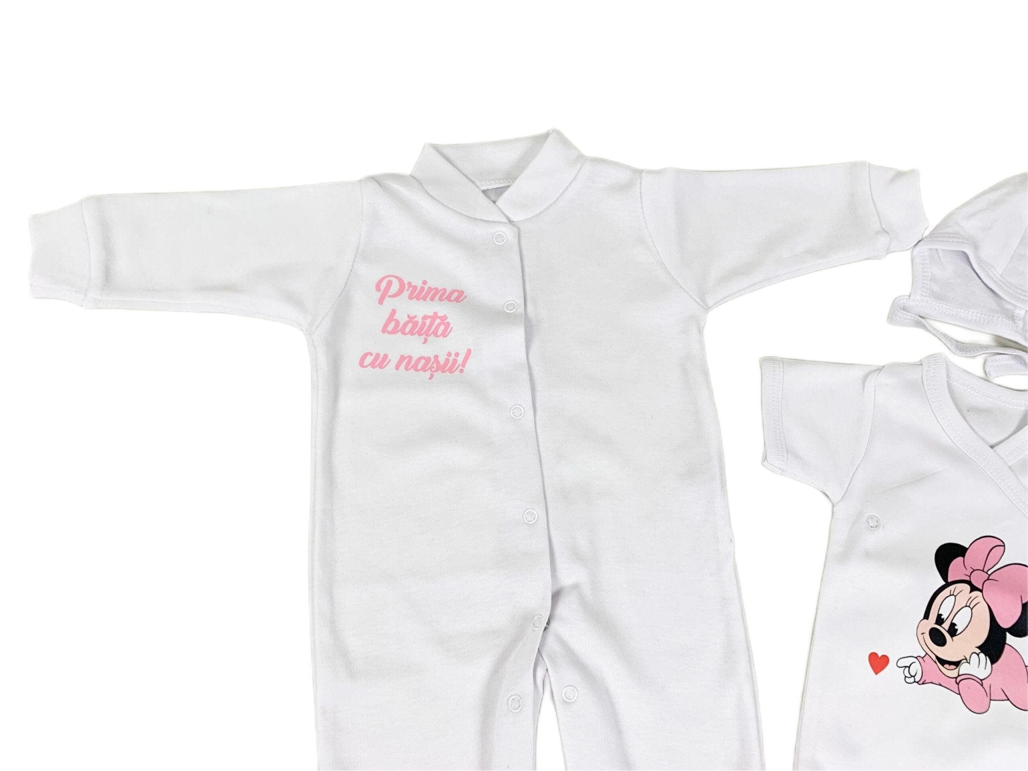 Set de baie pentru bebelusi cu 5 piese, personalizat cu mesaj ,,Prima baita cu nașii” - Minne roz - Botez bebelusi