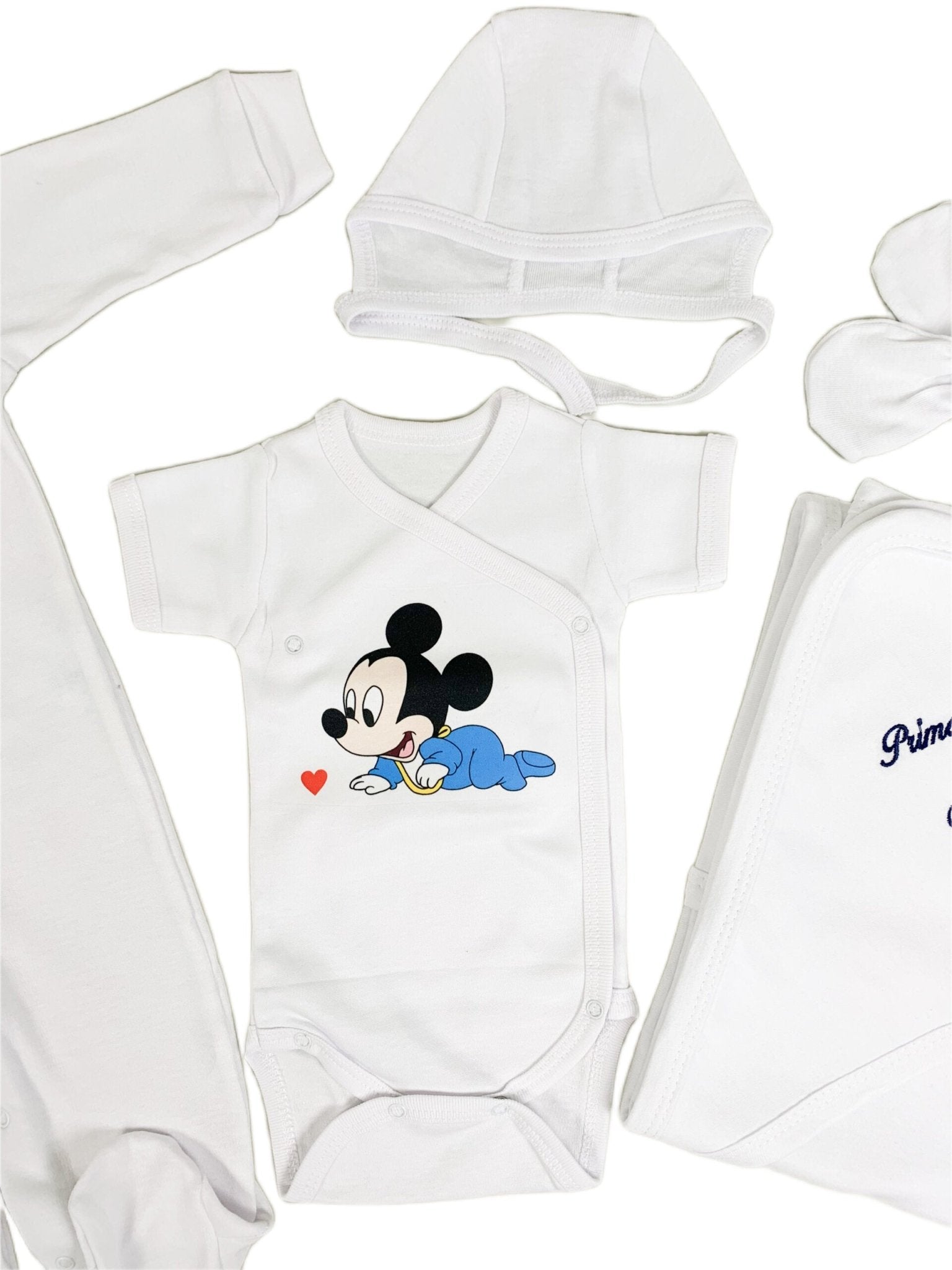 Set de baie pentru bebelusi cu 5 piese, - ”Prima baita cu nașii”, personalizat cu Mickey Mouse - Botez bebelusi