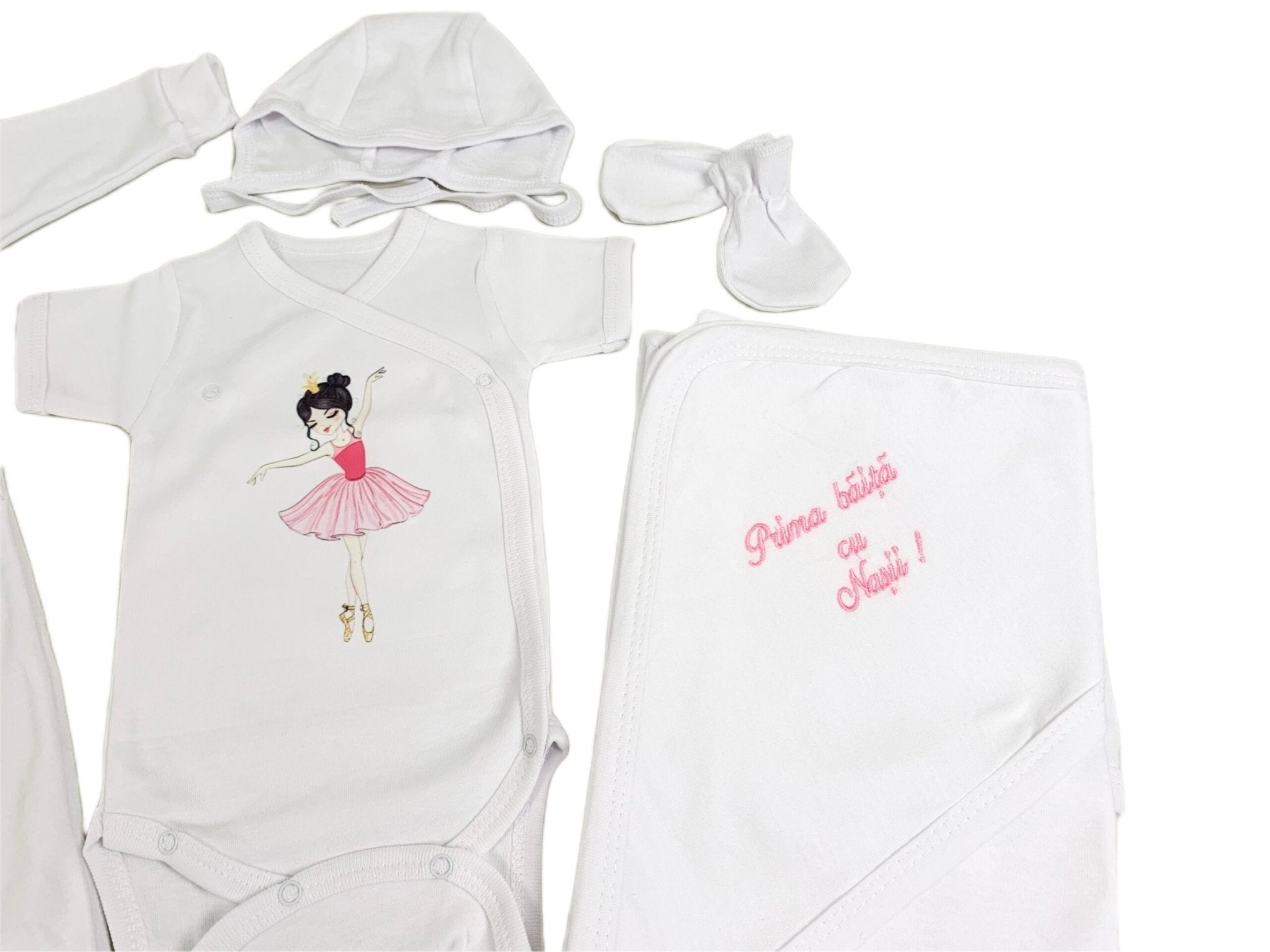 Set de baie pentru bebelusi ,personalizat cu mesaj“Prima baita cu nașii” - Balerina roz - Botez bebelusi