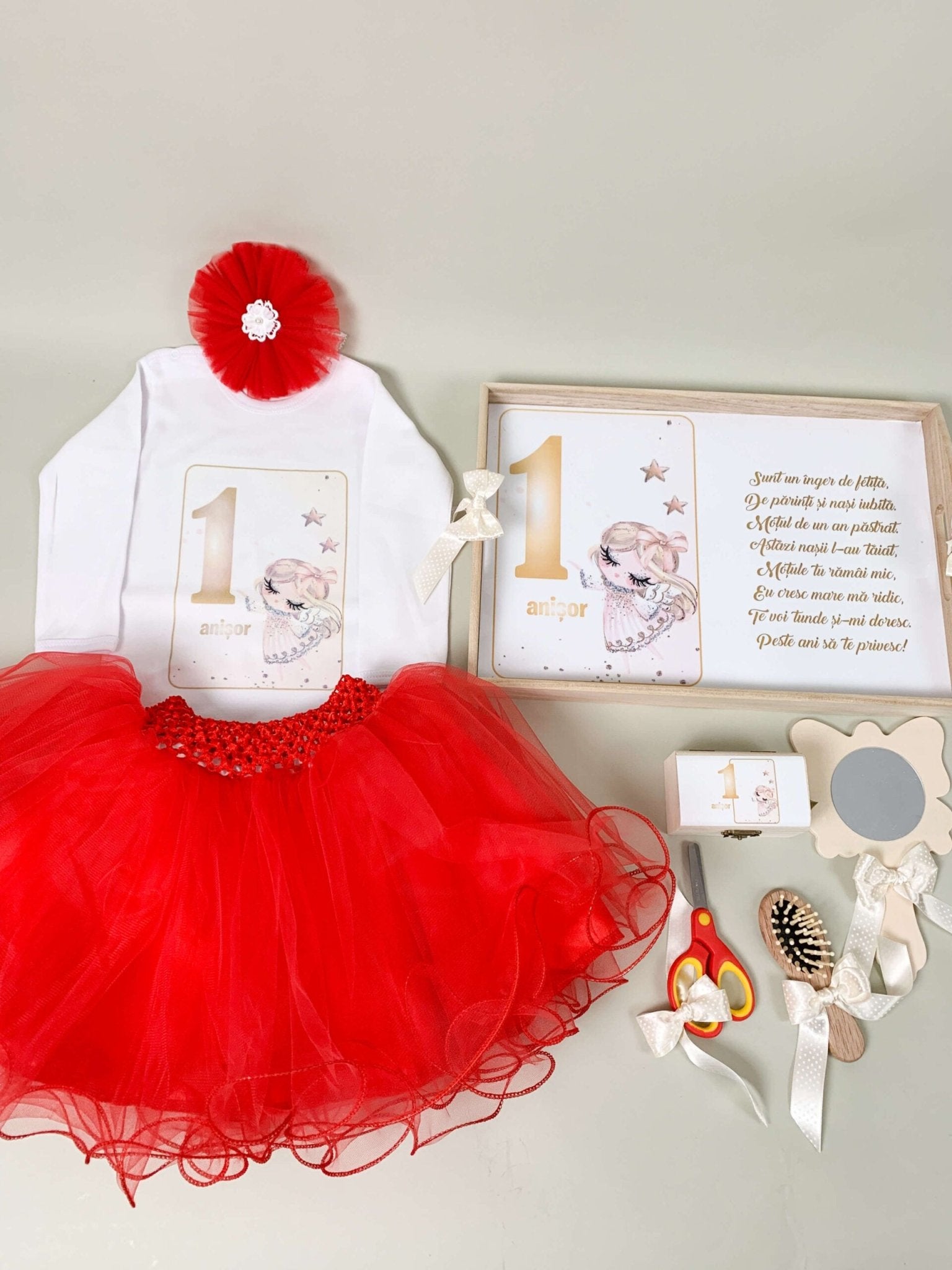 Set rosu personalizat aniversare 1 an - Ingeras - Botez bebelusi