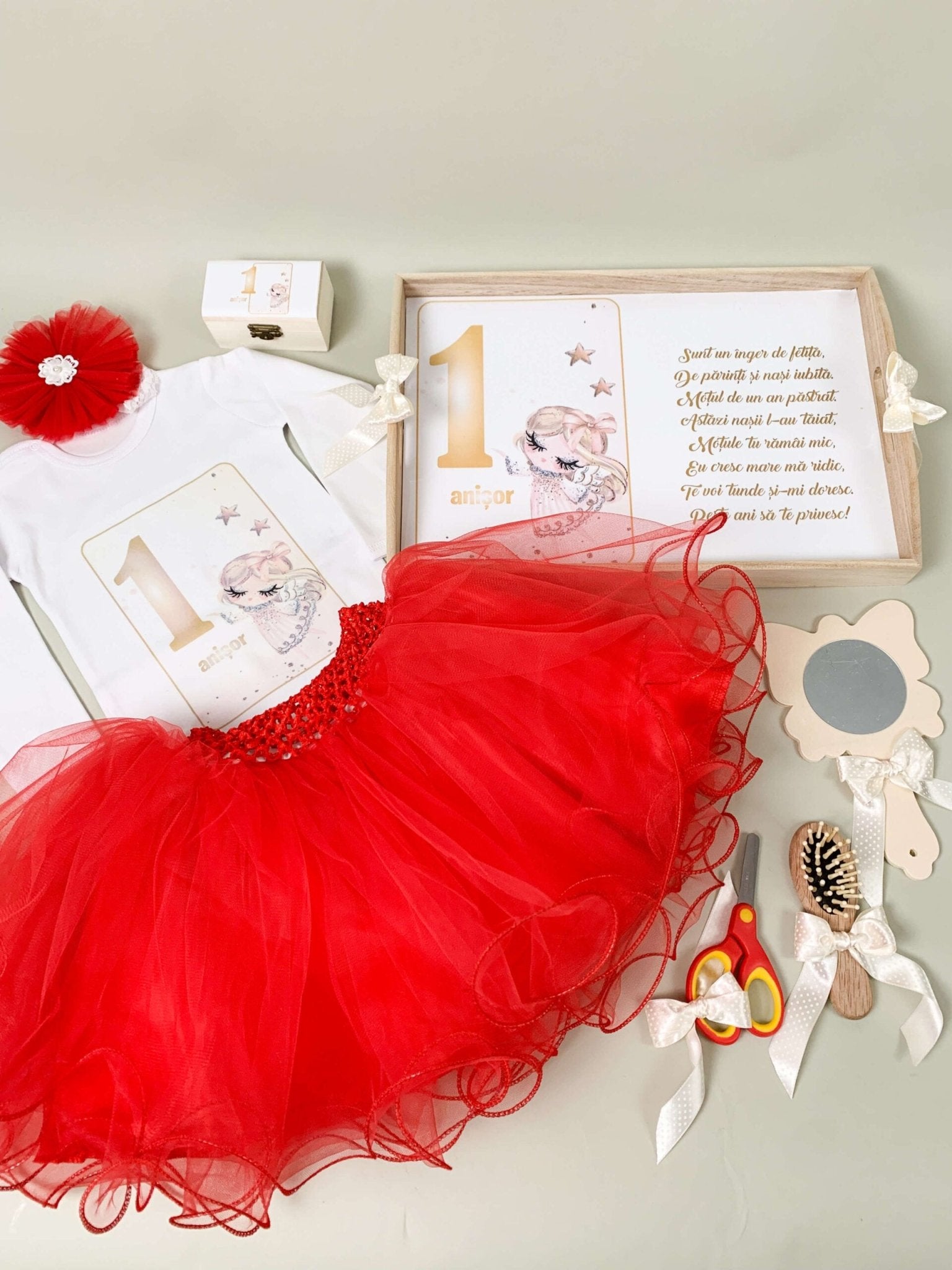 Set rosu personalizat aniversare 1 an - Ingeras - Botez bebelusi