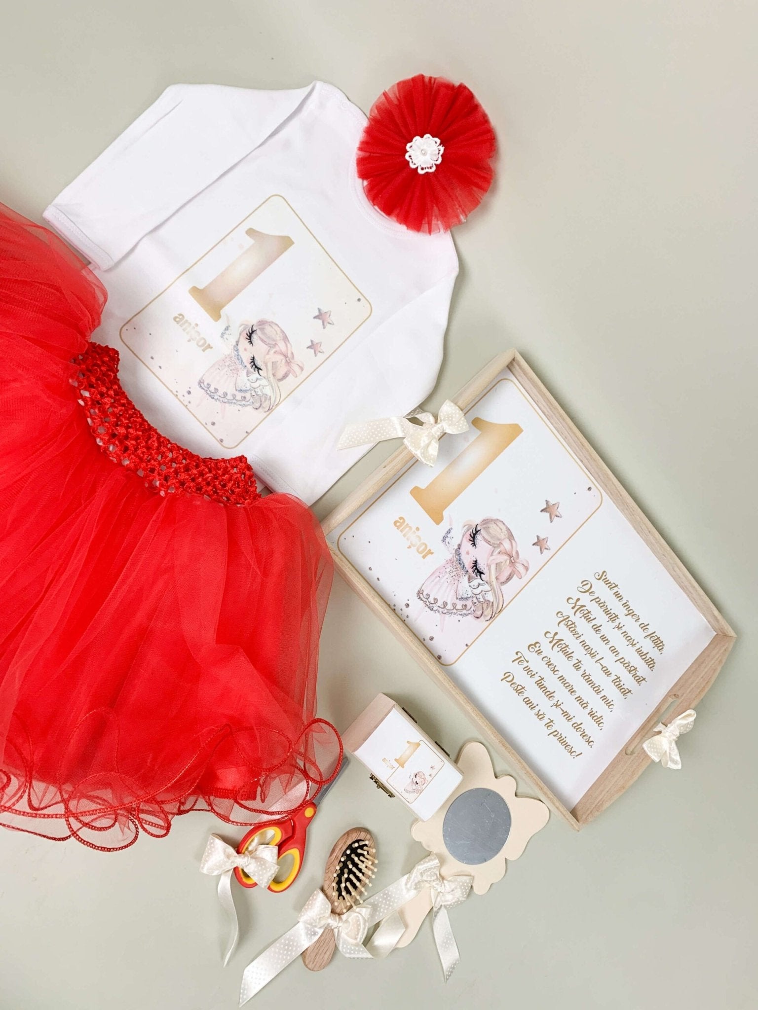 Set rosu personalizat aniversare 1 an - Ingeras - Botez bebelusi
