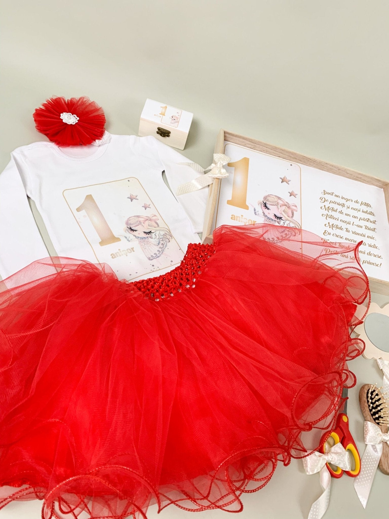 Set rosu personalizat aniversare 1 an - Ingeras - Botez bebelusi