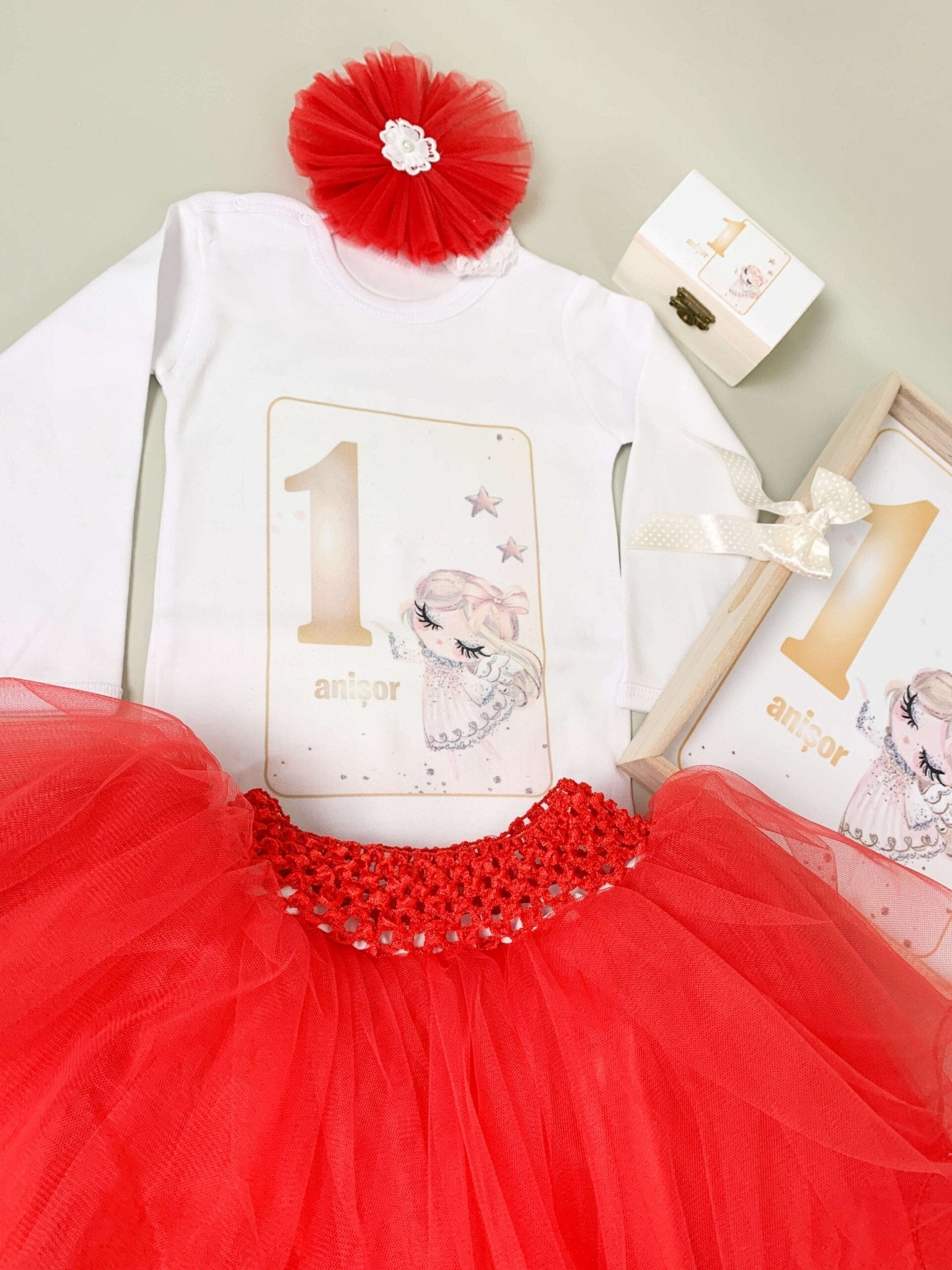 Set rosu personalizat aniversare 1 an - Ingeras - Botez bebelusi