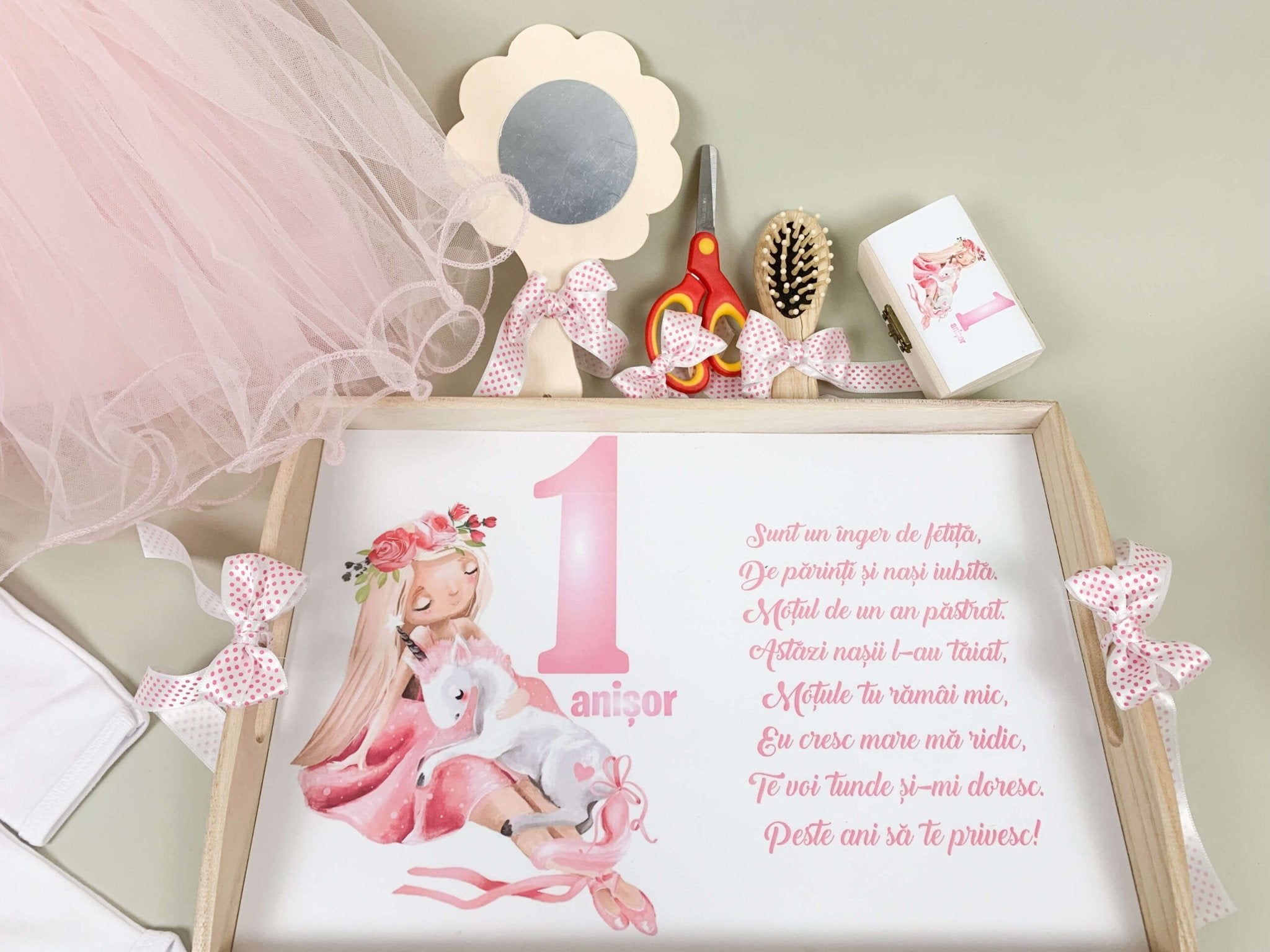 Set roz personalizat aniversare 1 an - Fata cu unicorn - Botez bebelusi