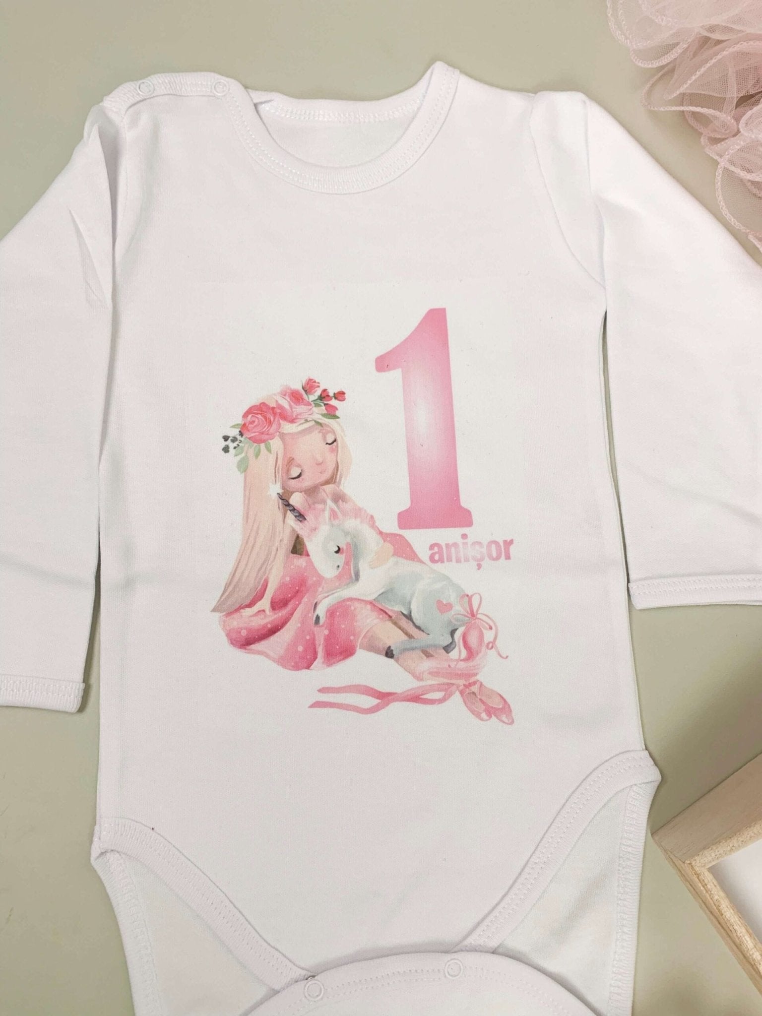 Set roz personalizat aniversare 1 an - Fata cu unicorn - Botez bebelusi