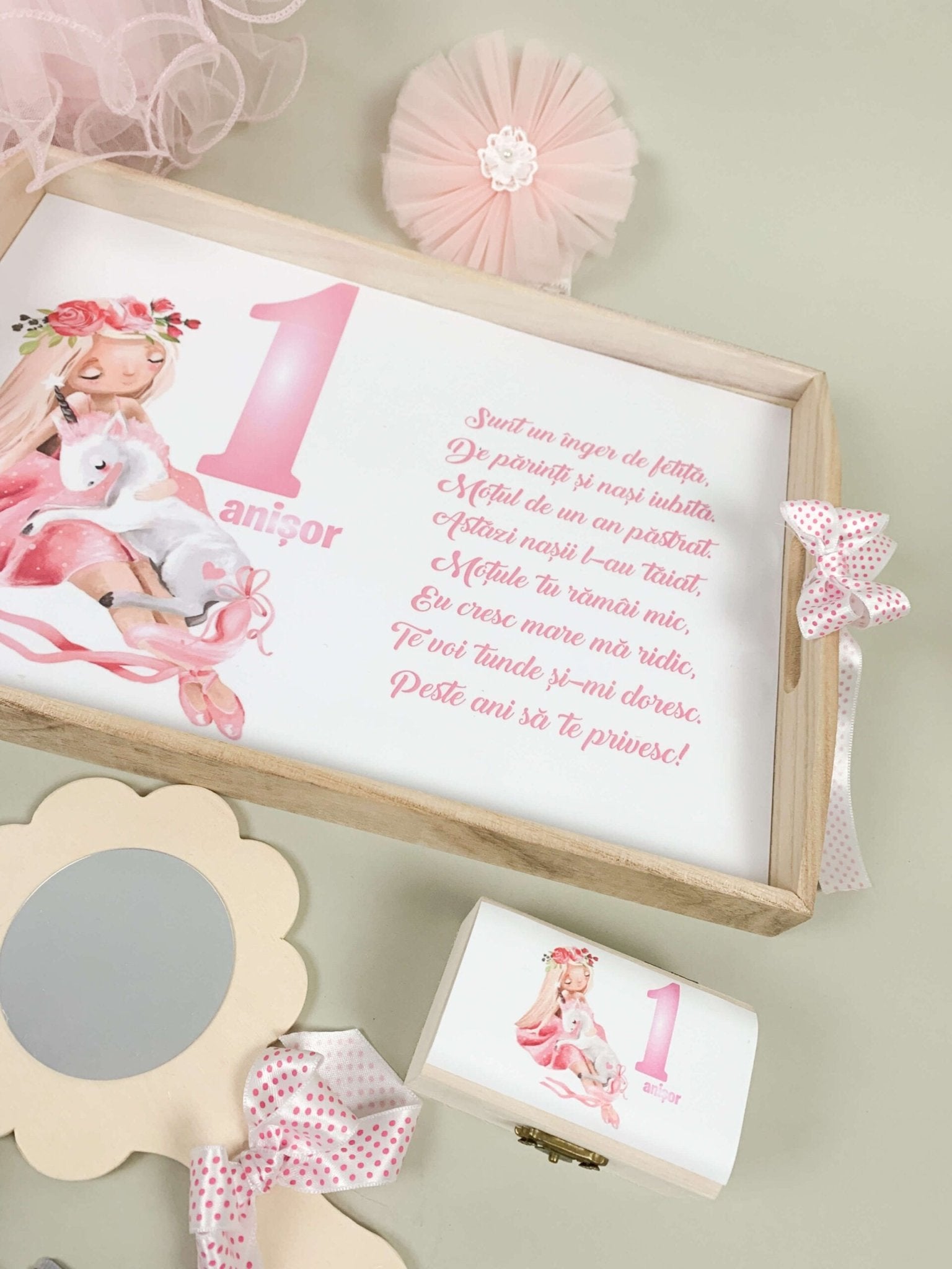 Set roz personalizat aniversare 1 an - Fata cu unicorn - Botez bebelusi