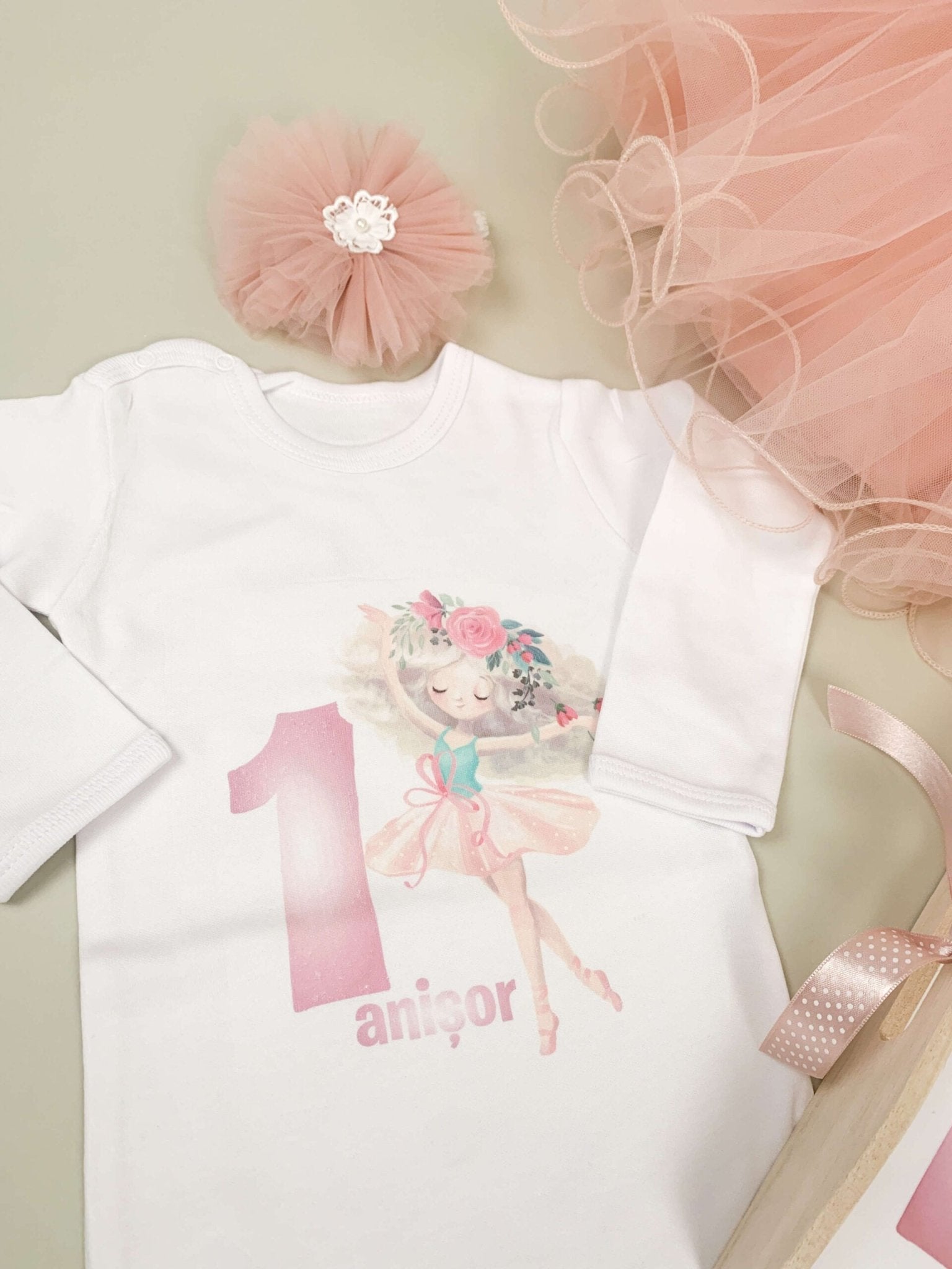 Set roz pudra personalizat aniversare 1 an - Zana - Botez bebelusi