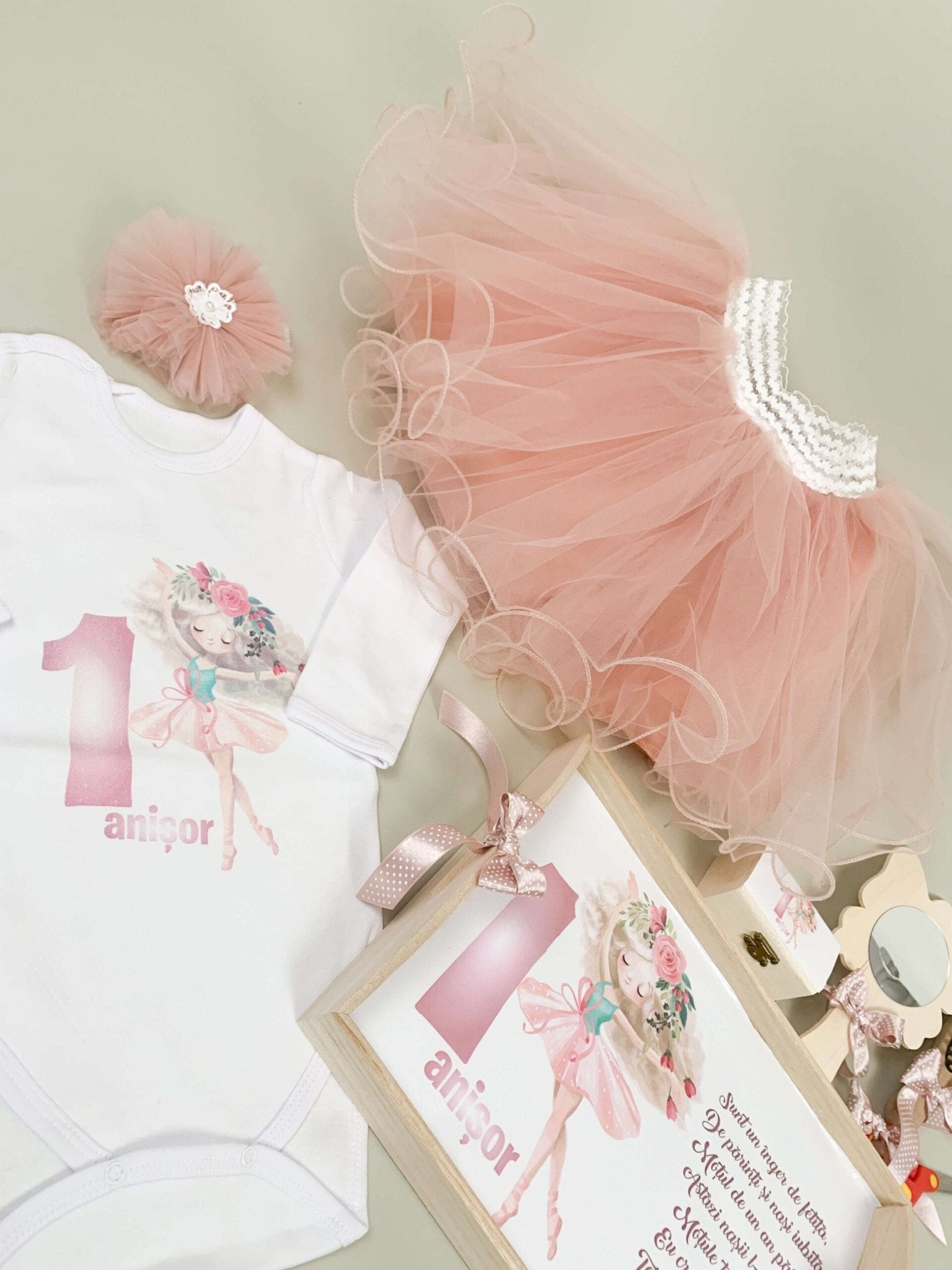 Set roz pudra personalizat aniversare 1 an - Zana - Botez bebelusi