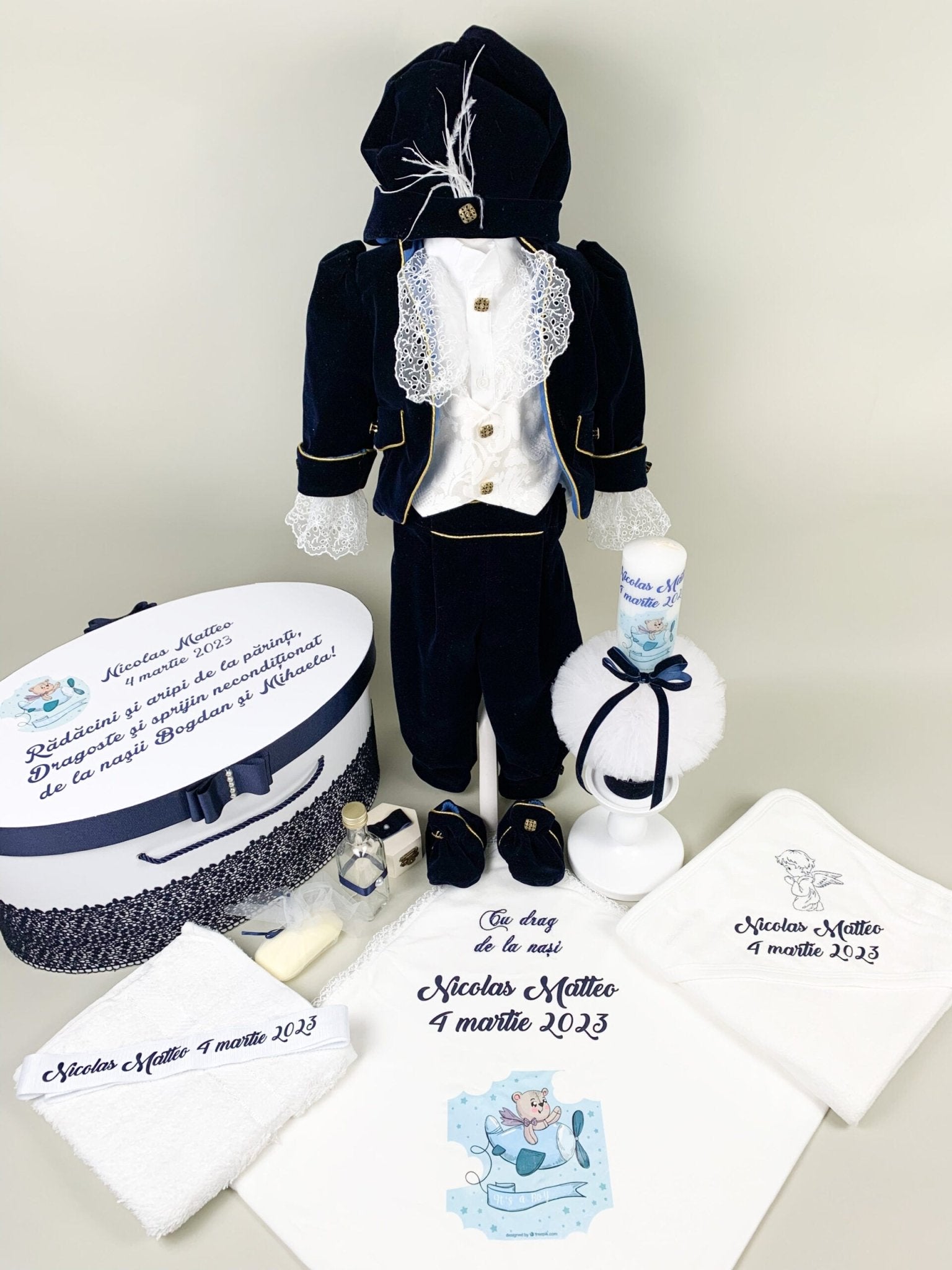 Set trusou Print catifea bleumarin - Botez bebelusi