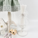 Set complet de botez pentru fetita Palma - verde salvie, cu rochita din catifea si dantela