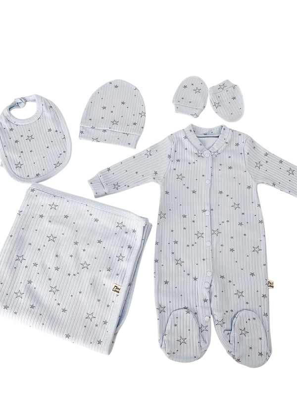Set Hainute 5 Piese Bebelusi - Salopeta Albastra, Paturica si Accesorii