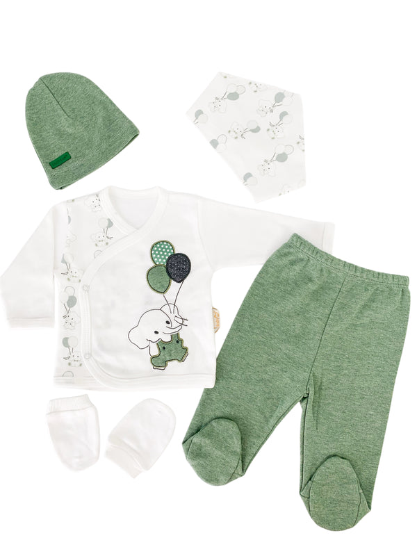 Set Hainute 5 Piese Bebelusi - Bluzita Alba, Pantalonasi Verzi si Accesorii