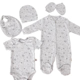 Set Hainute 5 Piese Bebelusi - Salopeta Gri cu Stelute si Accesorii