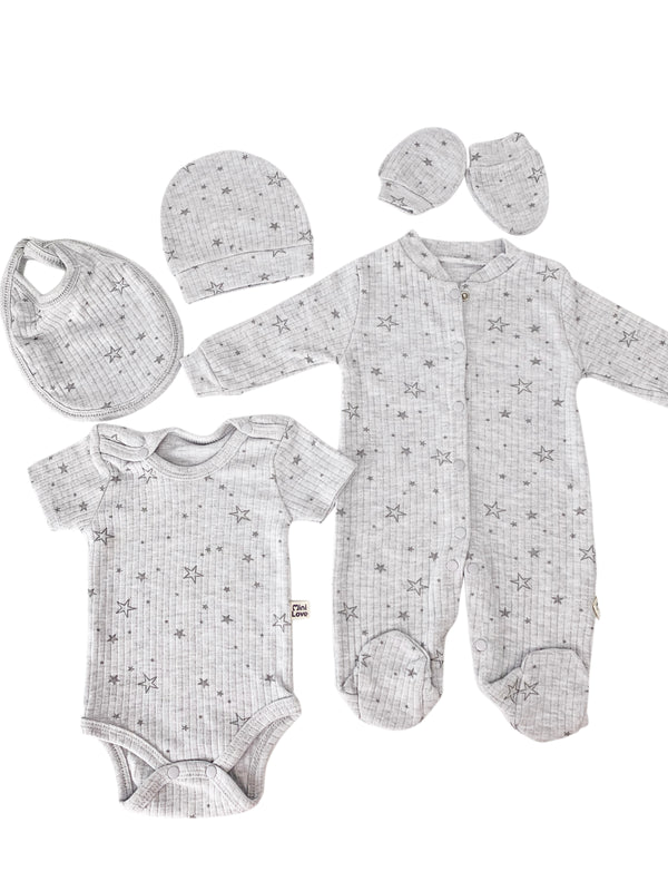 Set Hainute 5 Piese Bebelusi - Salopeta Gri cu Stelute si Accesorii