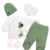 Set Hainute 5 Piese Bebelusi - Bluzita Alba, Pantalonasi Verzi si Accesorii