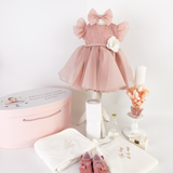 Trusou botez complet cu rochita eleganta si lumanare personalizata hand made - Clotilde