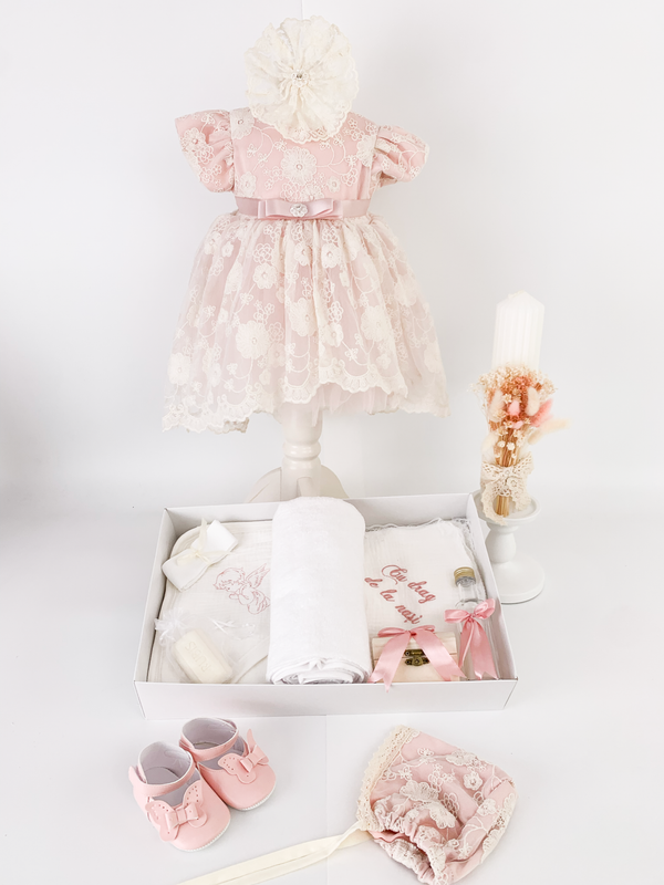 Trusou botez complet cu rochita eleganta si lumanare personalizata hand made - Nadia