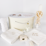 Trusou personalizat botez cu cufar, muselina si lumanare hand made - Alesia