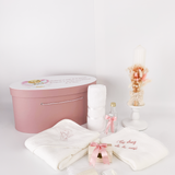 Trusou personalizat botez cu cufar, muselina si lumanare hand made - Vivienne