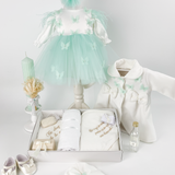 Trusou botez complet cu rochita eleganta, paltonas si lumanare personalizata manual - Carluta