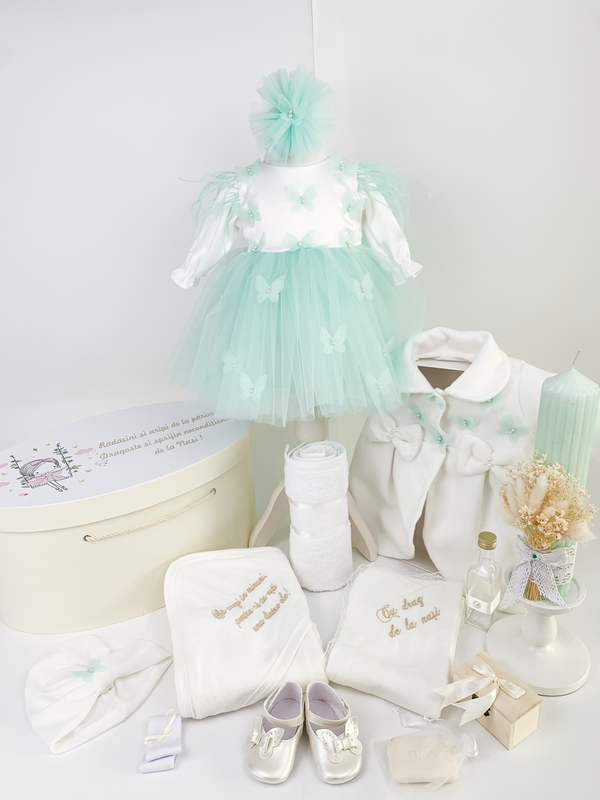 Trusou botez complet cu rochita eleganta si lumanare personalizata manual - Ionita