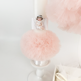 Trusou botez complet cu rochita eleganta si lumanare personalizata manual - Lena