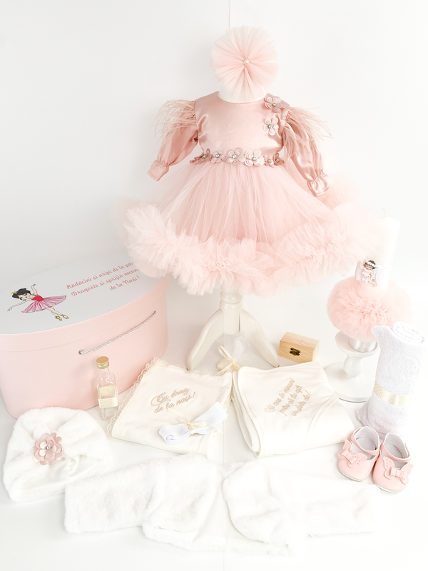 Trusou botez complet cu rochita eleganta si lumanare personalizata manual - Adelaide