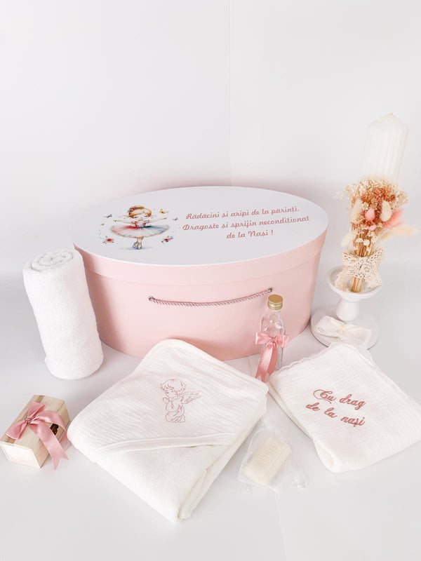 Trusou personalizat botez cu cufar, muselina si lumanare hand made - Talia