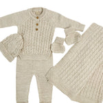Compleu bebelus tricotat bej - 5 piese - Botez bebelusi