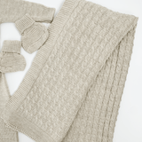 Compleu bebelus tricotat bej - 5 piese - Botez bebelusi