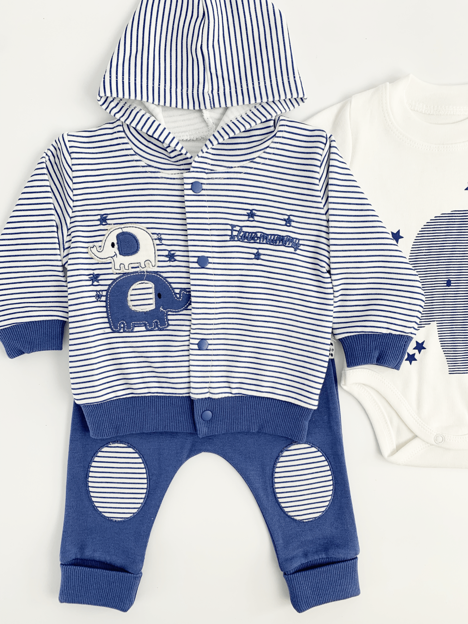 Compleu bebelusi 3 piese bleumarin - set hanorac, bluza si pantaloni - Botez bebelusi