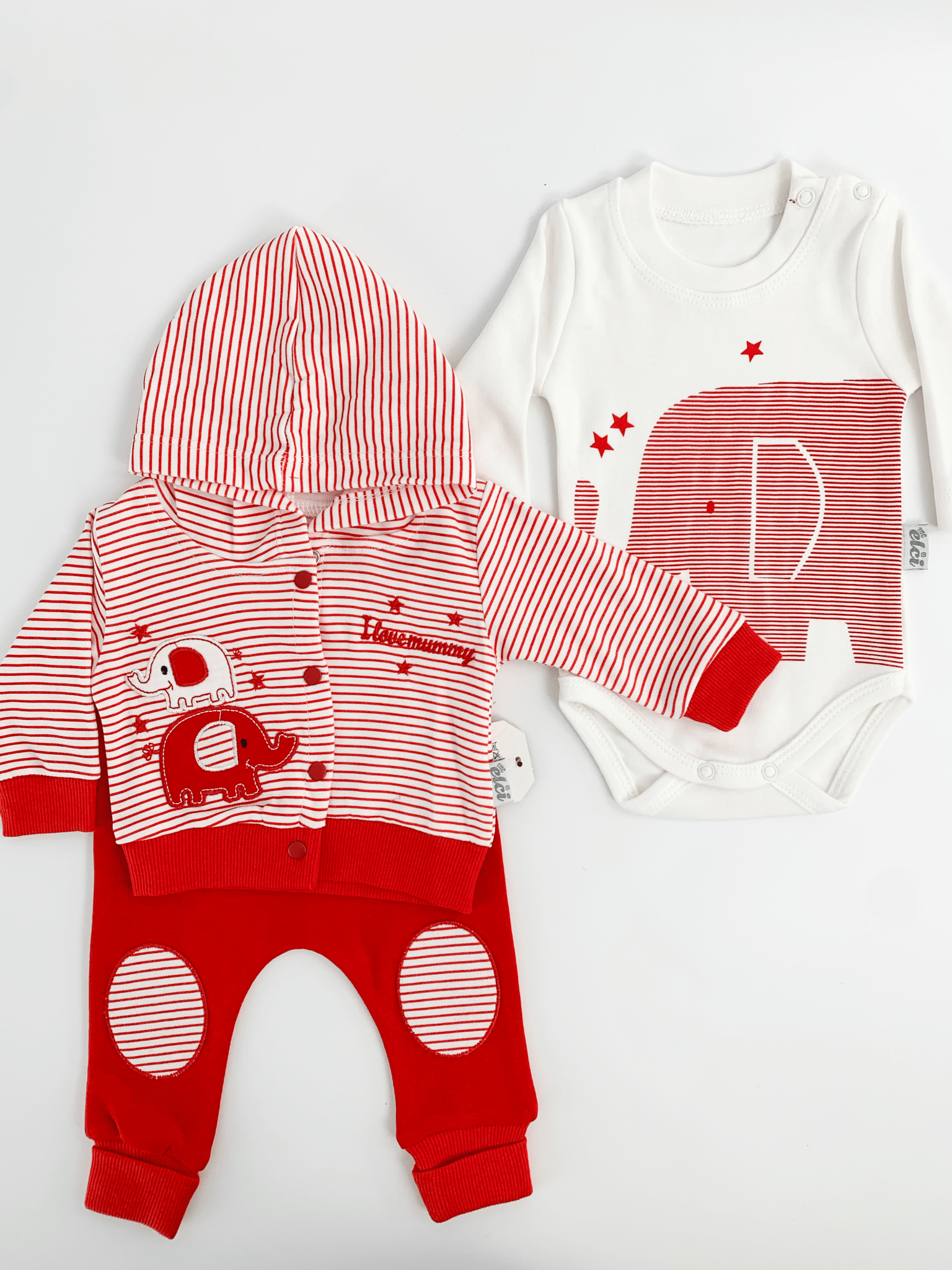 Compleu bebelusi 3 piese rosu - set hanorac, bluza si pantaloni - Botez bebelusi