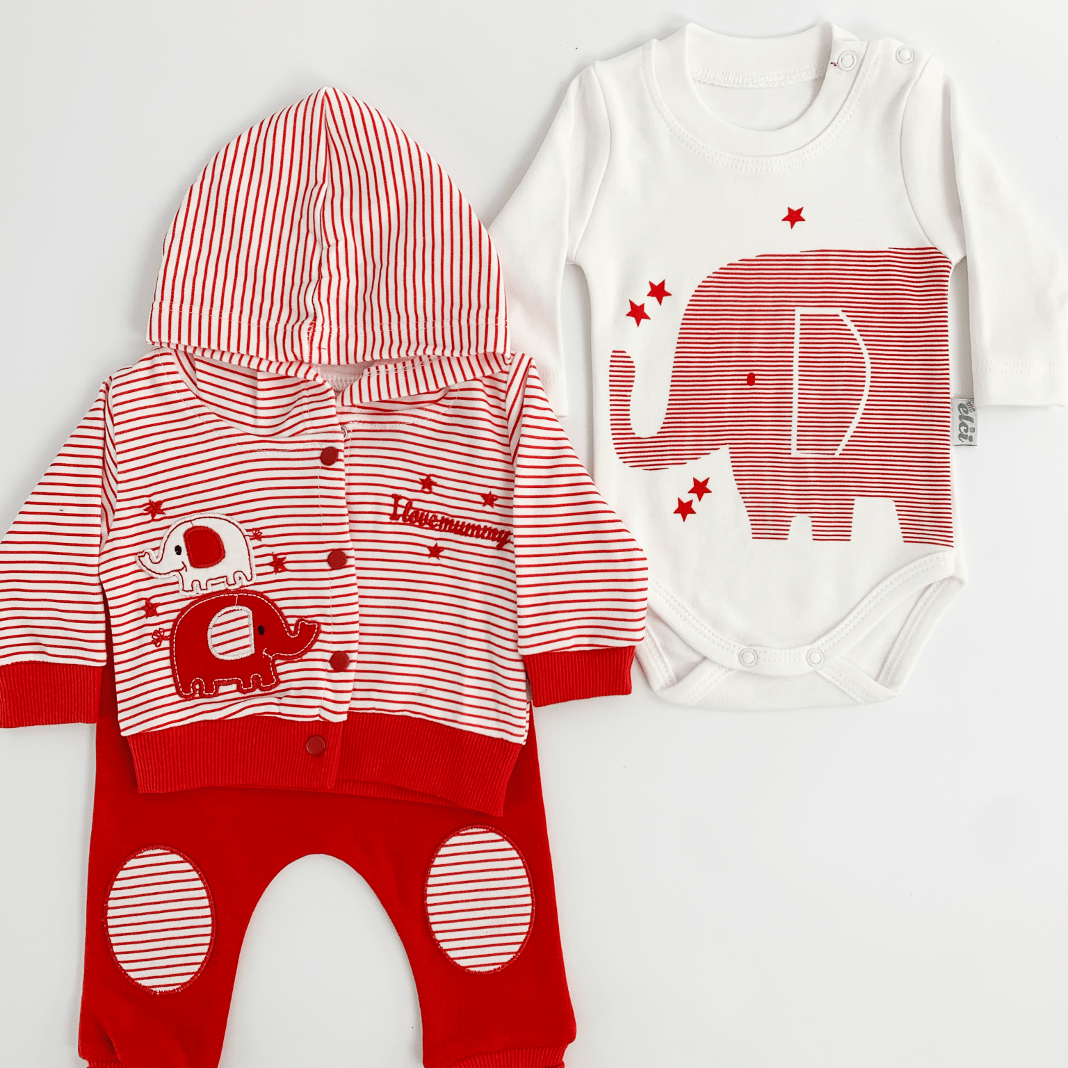 Compleu bebelusi 3 piese rosu - set hanorac, bluza si pantaloni - Botez bebelusi