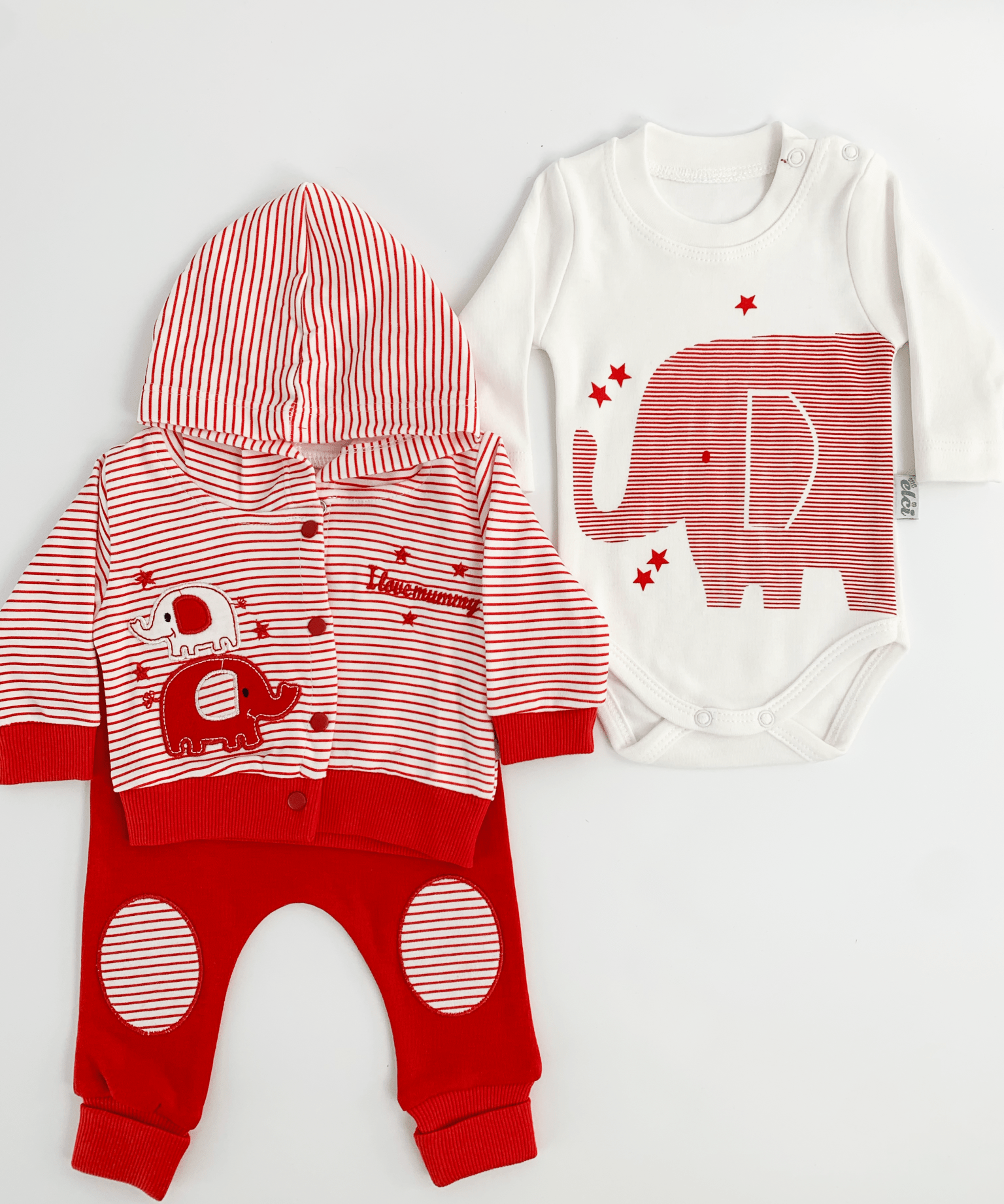Compleu bebelusi 3 piese rosu - set hanorac, bluza si pantaloni - Botez bebelusi