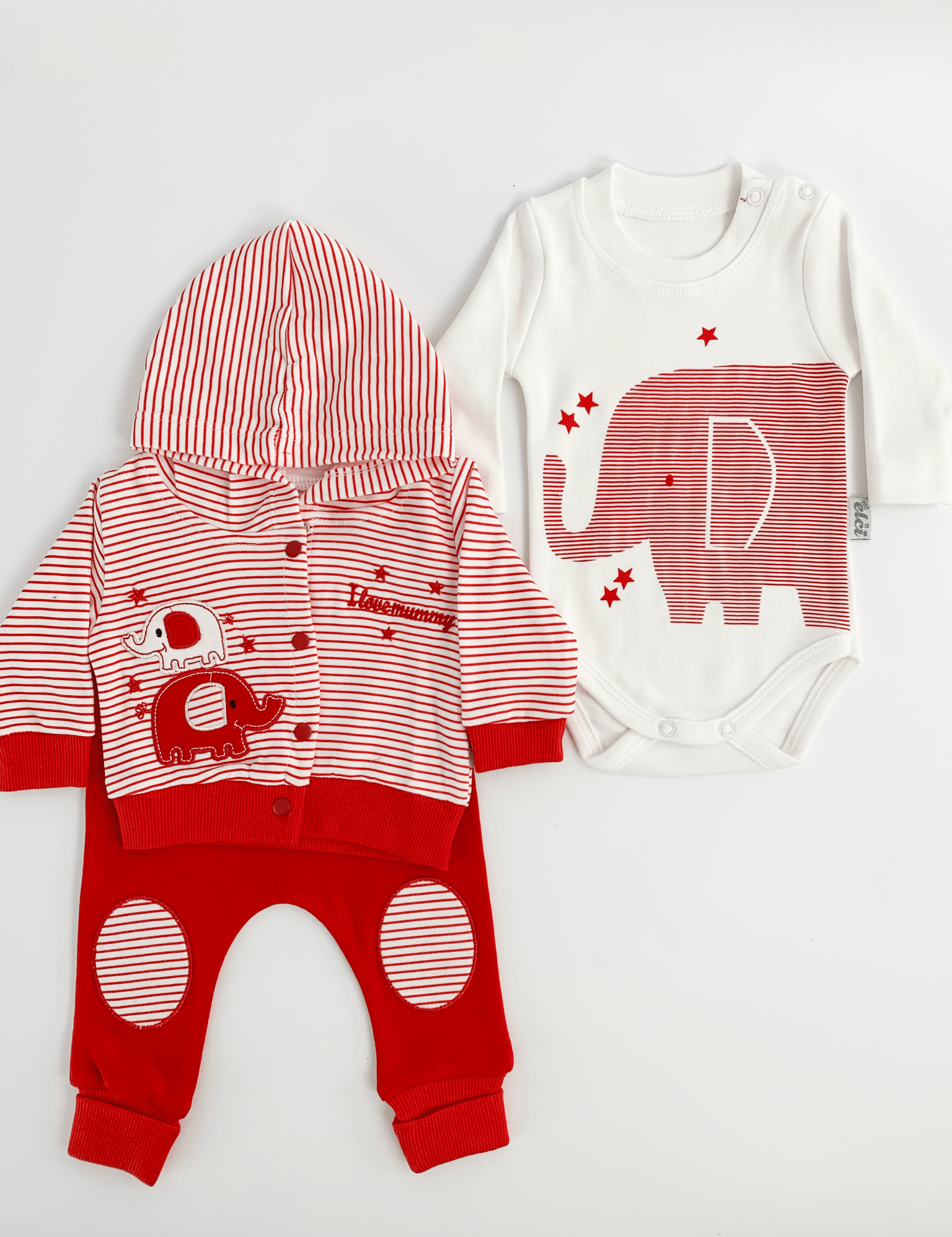 Compleu bebelusi 3 piese rosu - set hanorac, bluza si pantaloni - Botez bebelusi