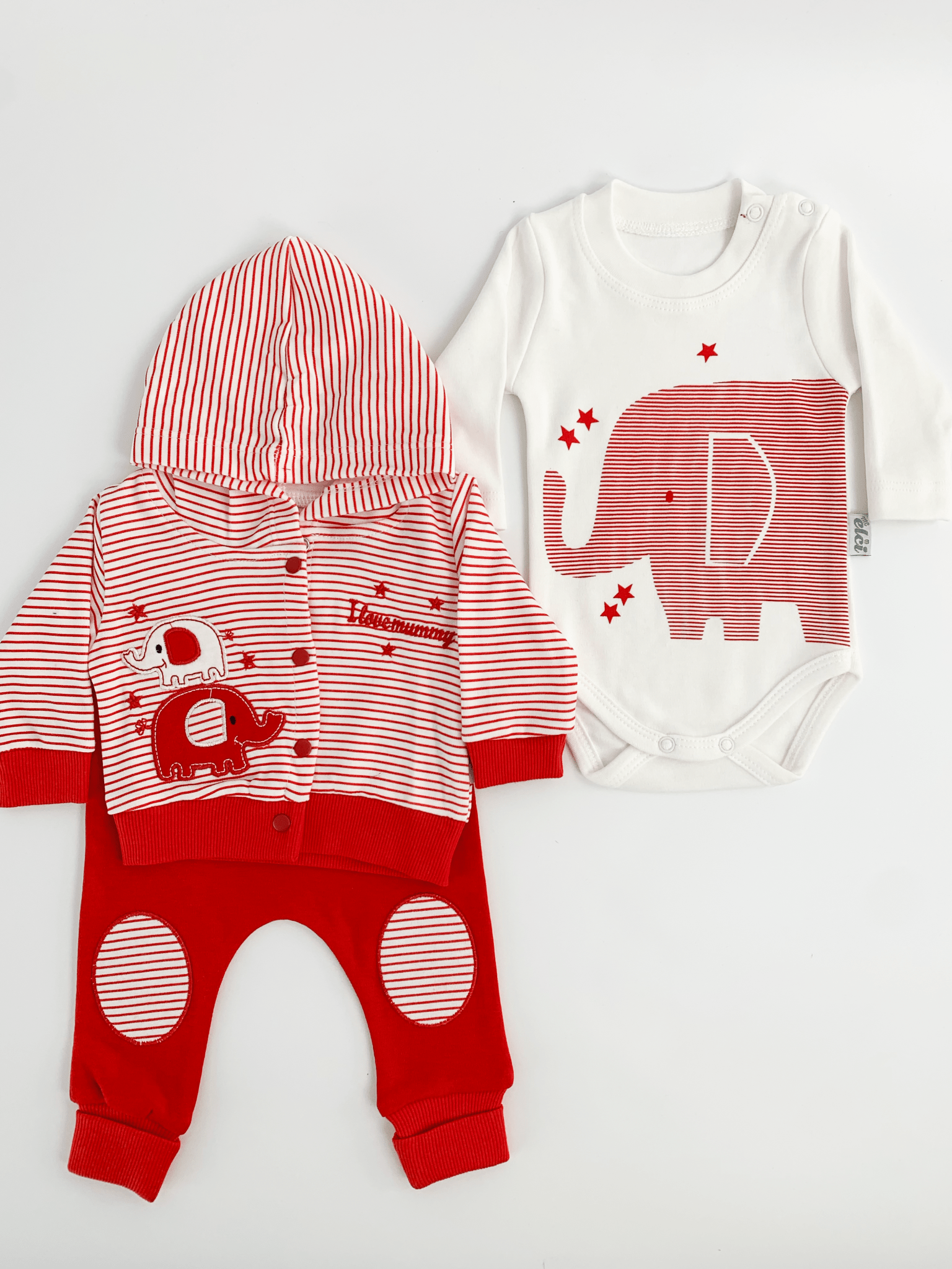 Compleu bebelusi 3 piese rosu - set hanorac, bluza si pantaloni - Botez bebelusi