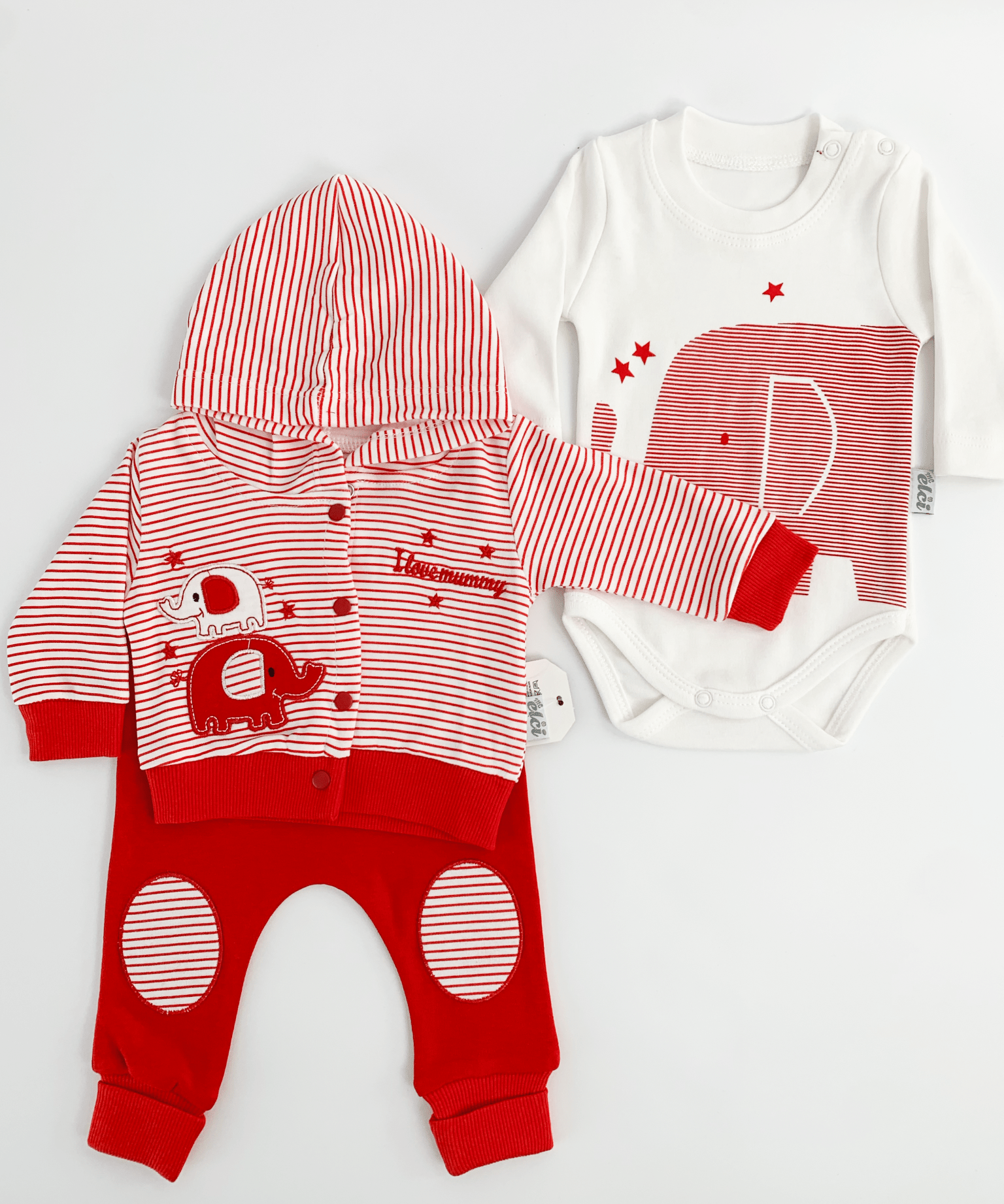 Compleu bebelusi 3 piese rosu - set hanorac, bluza si pantaloni - Botez bebelusi