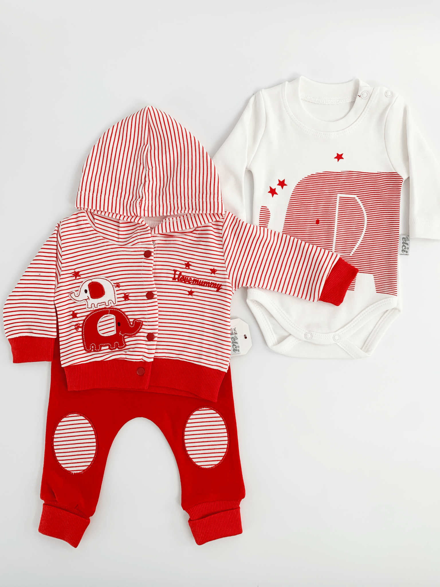 Compleu bebelusi 3 piese rosu - set hanorac, bluza si pantaloni - Botez bebelusi